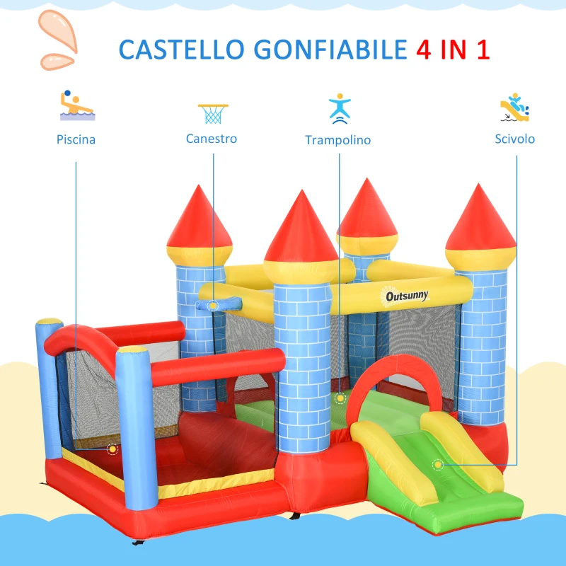 Outsunny Castello Gonfiabile Gigante e Rimbalzante per Bambini 3-8 Anni con Scivolo, Piscina e Canestro, 280cmx260cmx210cm