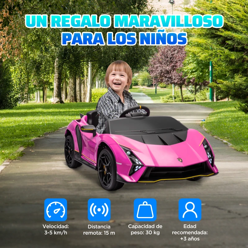 AIYAPLAY Coche Eléctrico para Niños Lamborghini Autentica con Batería 12V Mando a Distancia Faros Bocina Arranque Suave y Música MP3 Rosa