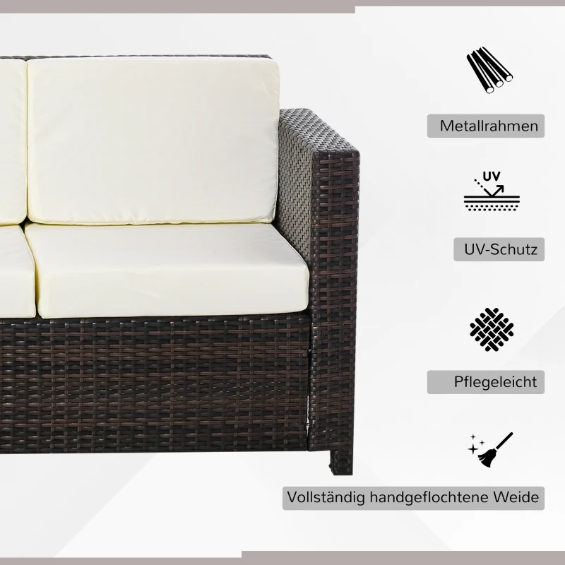 Outsunny Poly-Rattan Sofa mit Kissen 3-Sitzer Garten Loungesofa Metall Polyester Braun+Weiß 185 x 70 x 80 cm