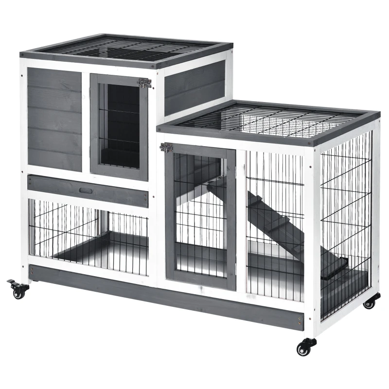 PawHut Conejera de Madera con Ruedas para Interior Jaula de 2 Pisos con Rampa y 2 Bandejas Extraíbles 110x50x88cm Gris