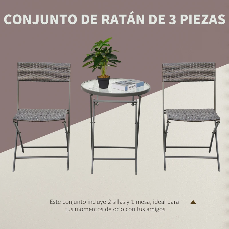 Outsunny Conjunto de Muebles de Jardín con Sillas Plegables y Mesa de Vidrio para Terraza Patio Marrón