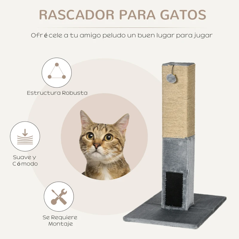 PawHut Poste Rascador para Gatos 79 cm Arañador para Gatos con Bola Colgante Poste de Yute 59,5x39x79 cm Gris