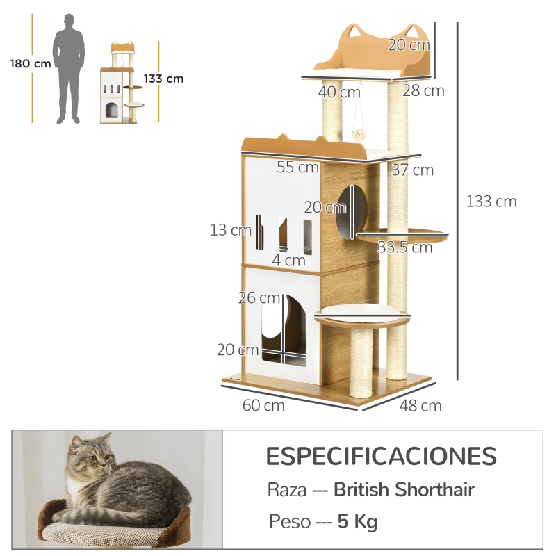 PawHut Árbol Rascador para Gatos 133 cm con Cuevas Plataformas Bola Colgante y Postes de Sisal 60x48x133 cm Roble