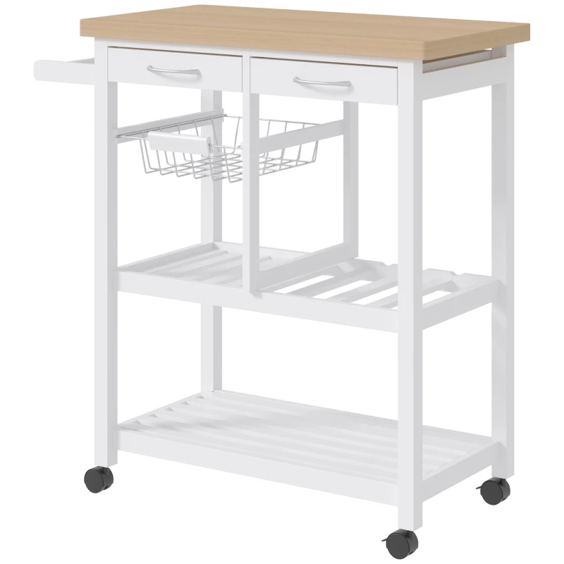 HOMCOM Chariot de service desserte de cuisine à roulettes multi-rangements 85L x 37l x 85H cm plateau bois massif pin châssis MDF blanc