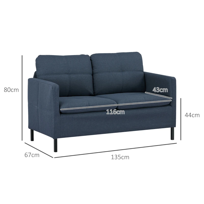 HOMCOM Zweisitzer-Sofa, breite Armlehnen, atmungsaktiver Stoff, Schaumstoffpolsterung, 135 x 67 x 80 cm, Dunkelblau