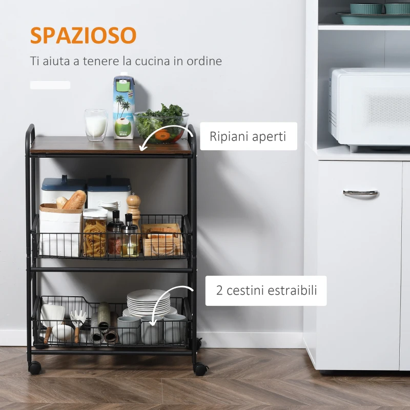 HOMCOM Carrello da Cucina Portavivande Stile Industriale con 4 Ruote, 2 Cestini e 4 Ganci, 60x38x85.5cm, Marrone Nero