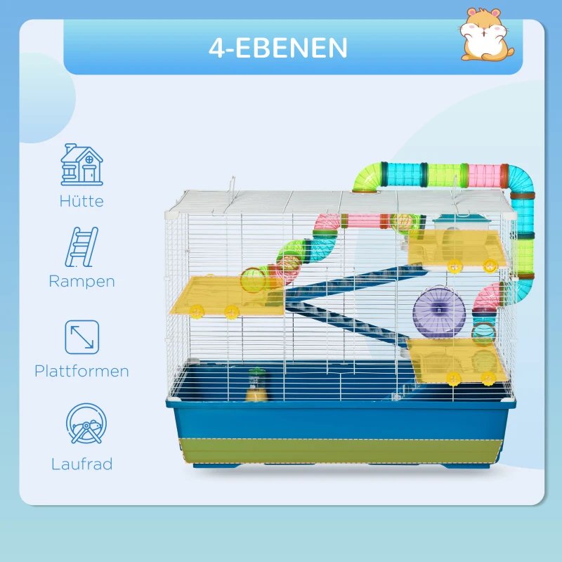 PawHut Nagerkäfig Kleintierkäfig Kleintiergehege Kleintier Röhrensystem in Mehrfarben Blau+Weiß 79 x 46 x 60 cm
