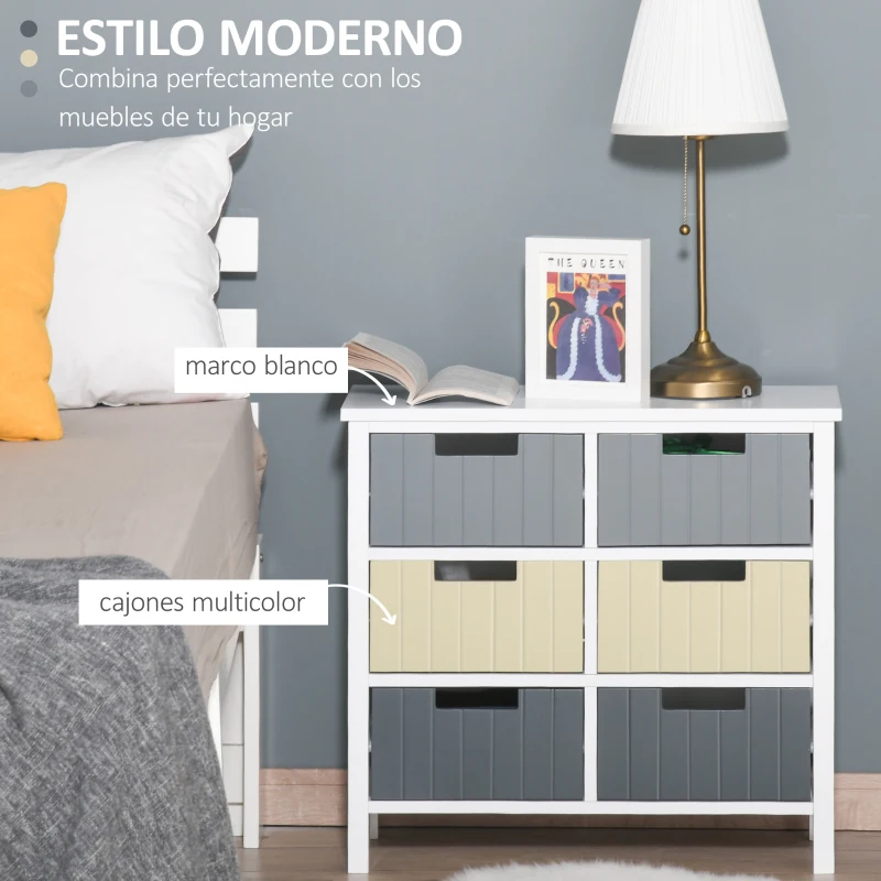 HOMCOM Cómoda de Madera con 6 Cajones Cajonera Auxiliar de Almacenaje con Patas Elevadas Estilo Moderno para Dormitorio Salón Baño 62x28x58 cm Multicolor
