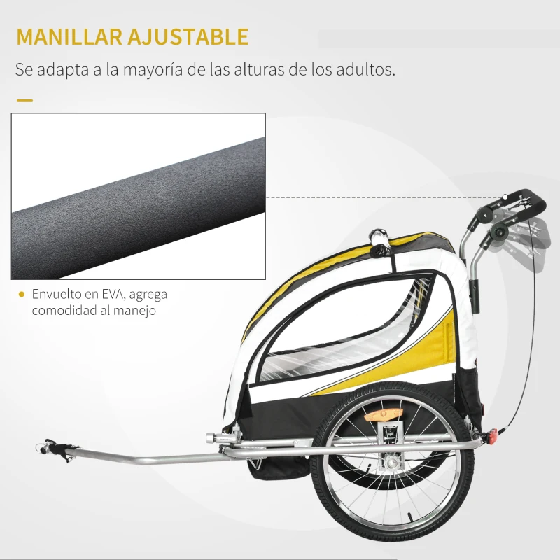 HOMCOM Remolque para Bicicleta con Barra para Niños de 2 Plazas con Rueda Delantera Giratoria 360° y Asiento Acolchado Carga Máx. 40 kg Amarillo