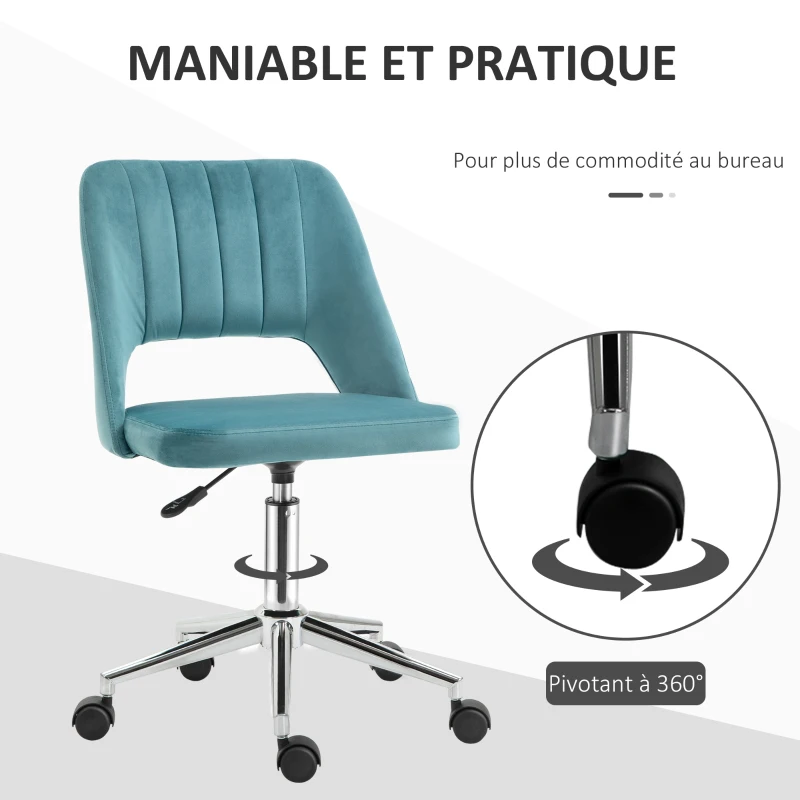 Vinsetto Chaise de bureau design contemporain pivotante 360° ergonomique dossier strié aéré hauteur réglable revêtement velours 49 x 60 x 91 cm bleu