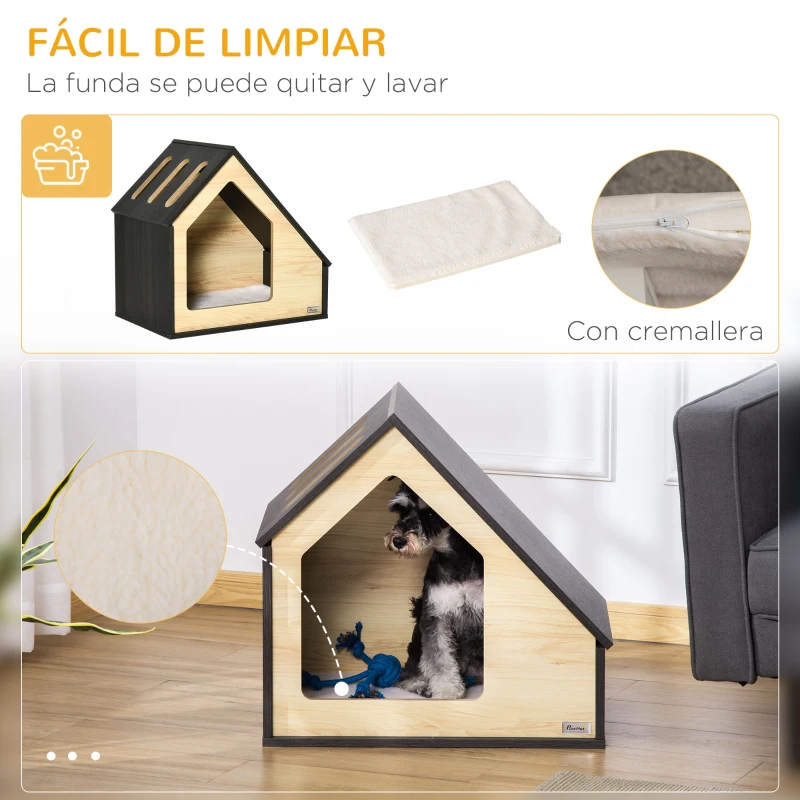 PawHut Caseta de Madera para Perros Casa para Perros Cojín Desenfundable Lavable y 3 Ventilaciones 60x40x59,2 cm Roble y Marrón