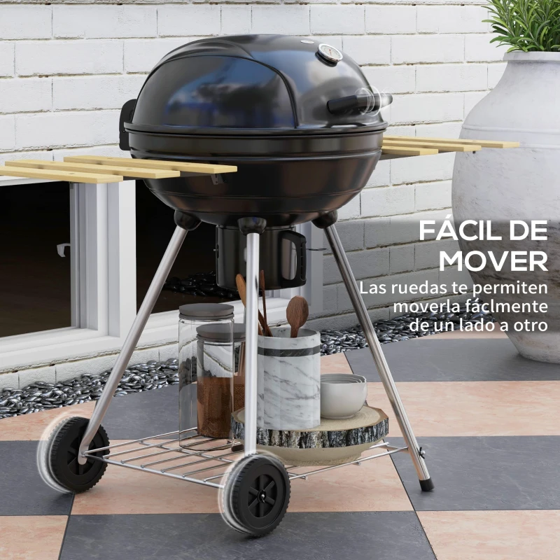Outsunny Barbacoa Portátil con 2 Ruedas Estantes Plegables Termómetro y Parrilla Metálica para Pícnic Camping 117x68x91 cm Negro