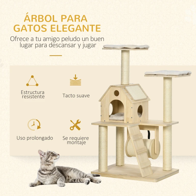 PawHut Árbol Rascador para Gatos Torre para Gatos con Camas Cueva Rodillo Postes de Sisal y Rampa 70x50x125 cm Natural