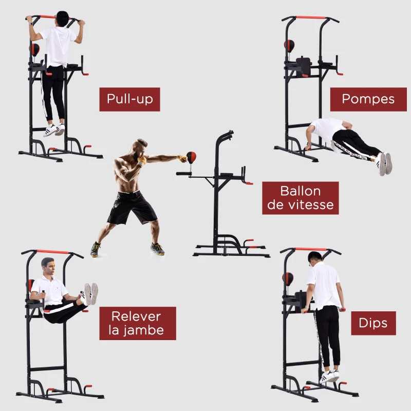 HOMCOM Station de traction musculation multifonctions punching ball chaise romaine hauteur réglable acier noir rouge