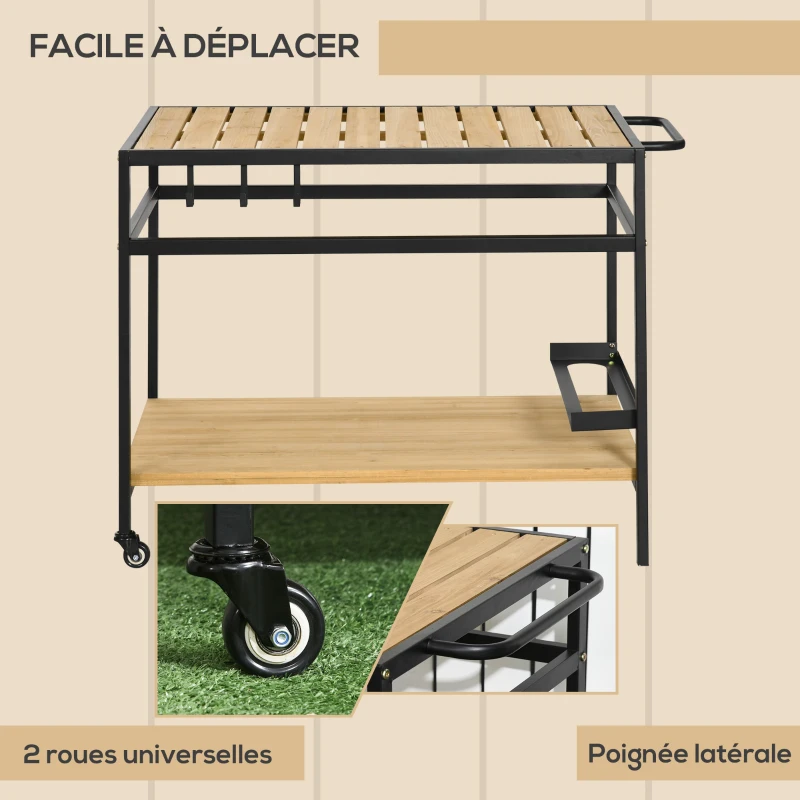 Outsunny Desserte de jardin chariot pour plancha en bois et métal 2 étagères 3 crochets 107 x 65 x 80 cm noir naturel