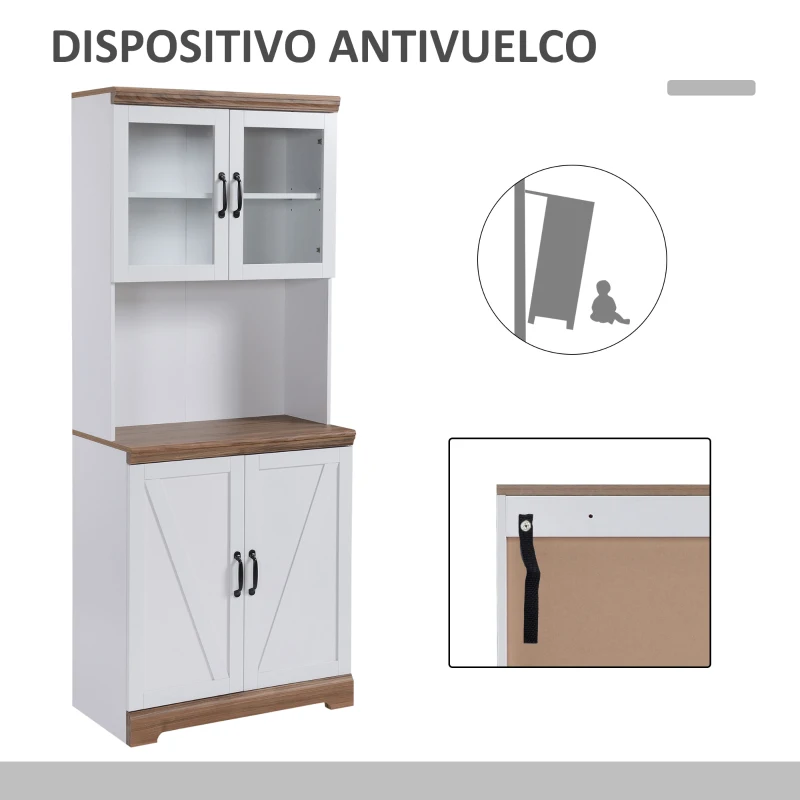 HOMCOM Aparador Alacena de Cocina Mueble Auxiliar con 2 Puertas de Vidrio y Baldas Ajustables 72x40x178 cm Blanco