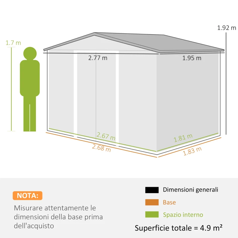 Outsunny Casetta da Giardino 4.9 m² con Fondazione, 4 Prese d'Aria e 2 Porte Scorrevoli, Capanno Porta Attrezzi in Lamiera d'Acciaio, 277x195x192 cm, Verde Scuro