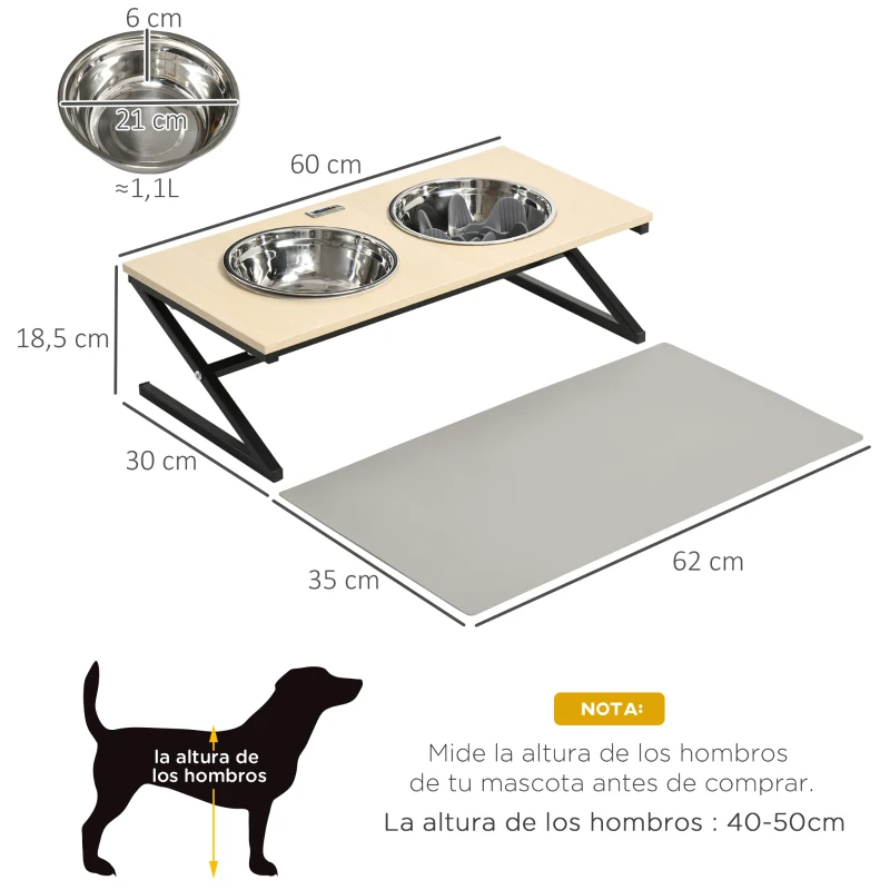 PawHut Comedero Elevado para Perros con 2 Cuencos de Acero Inoxidable Tapete y Alimentador Lento 60x30x18,5 cm Roble