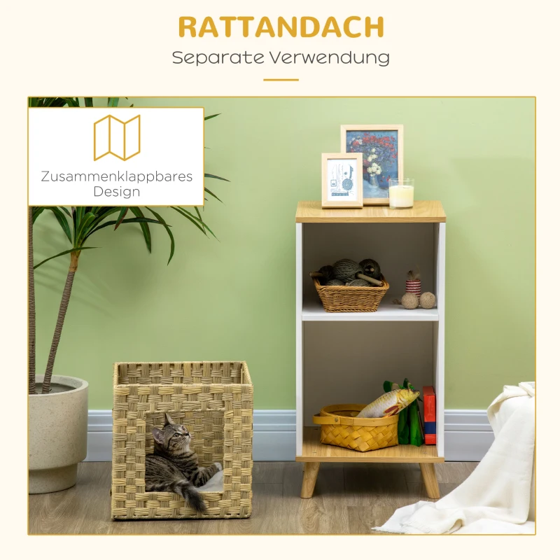 PawHut Katzenhöhle aus Rattan mit Stauraum, inkl. waschbaren Kissen, 40 cm x 40 cm x 77 cm, Eiche + Weiß + Beige