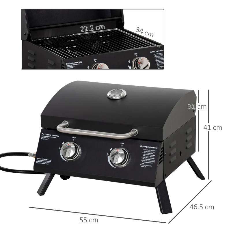 Outsunny Barbecue a Gas Pieghevole con Coperchio, Termometro e 2 Bruciatori in Acciaio, 55x46.5x41 cm, Nero