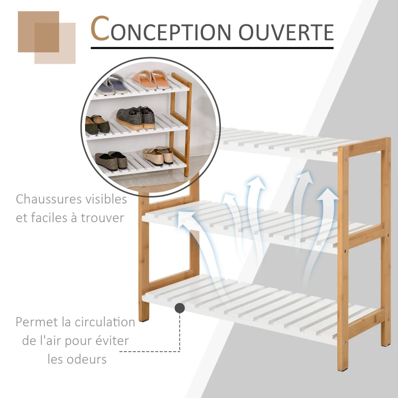 HOMCOM Etagère à Chaussures, étagère de Rangement, Meuble Chaussures 3 Niveaux Bambou MDF Blanc