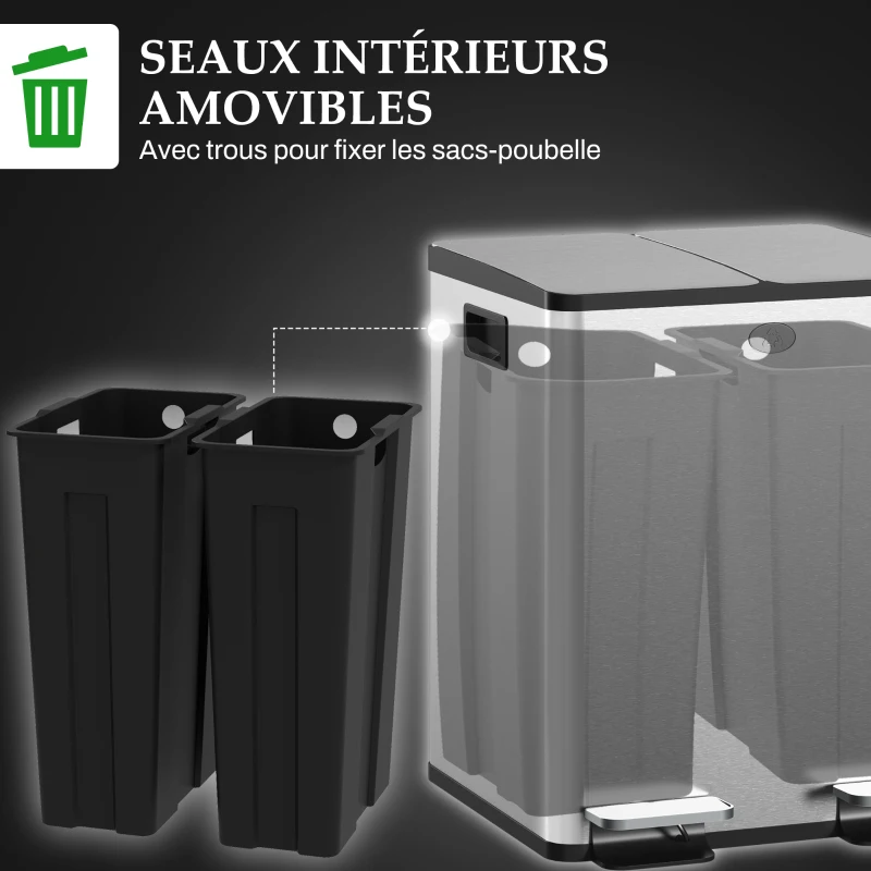 HOMCOM Poubelle de cuisine double, 2 x 20L, 2 couvercles à fermeture douce, seaux intérieurs amovibles et poignées