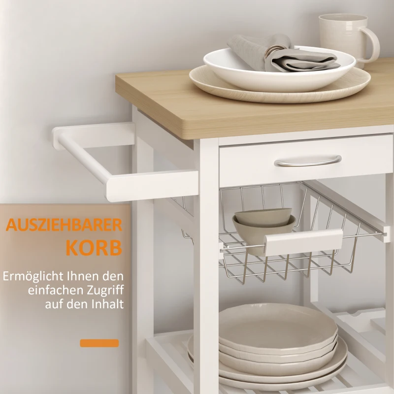 HOMCOM Küchenwagen rollbar Servierwagen Küchentrolley mit ausziehbarem Korb Weinflaschenhalter Holz weiß 84,5 x 37,5 x 85 cm