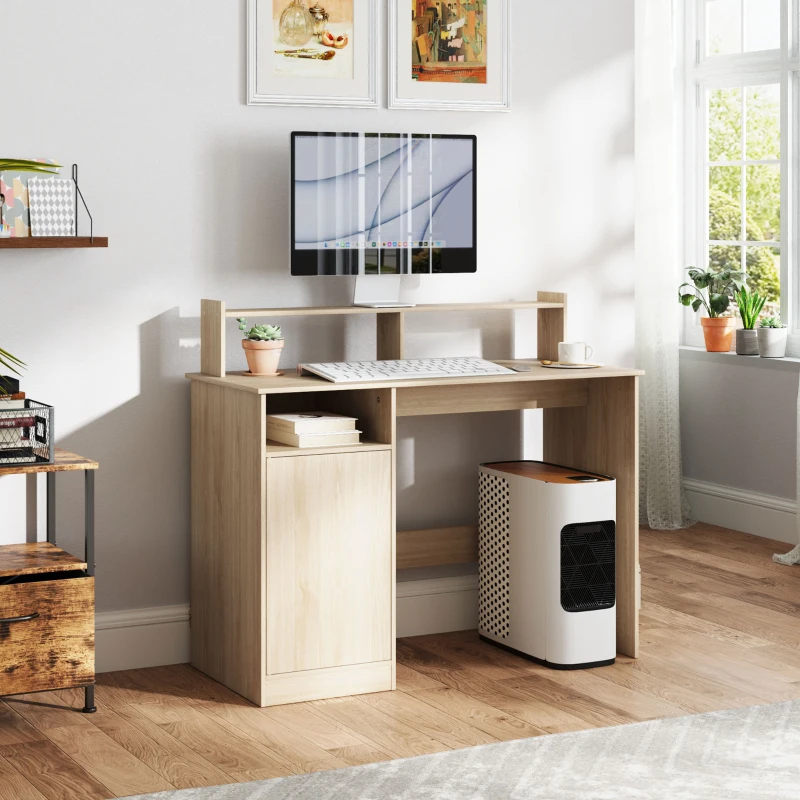 HOMCOM Escritorio con Estantería Moderno Escritorio con Compartimentos Abiertos Soporte para Monitor 108x50x94 cm Natural