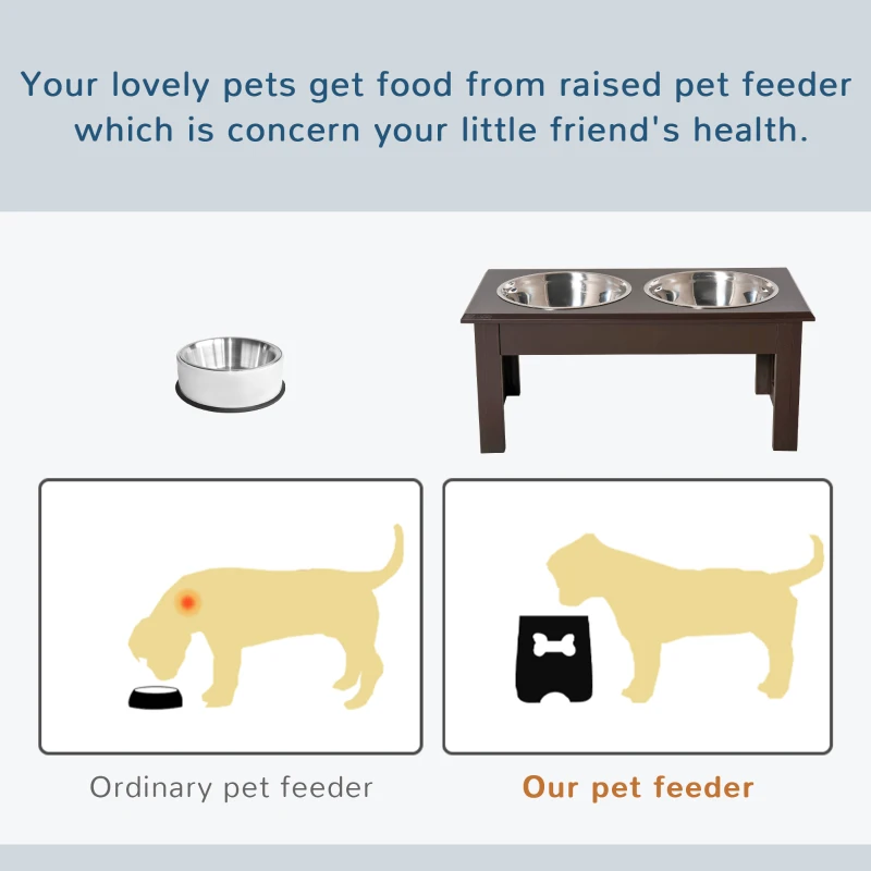 PawHut Raised Dog Feeding Bowls with Stand, Stainless Steel for Extra Small and Small Dog, 44L x 24W x 15H cm - Brown