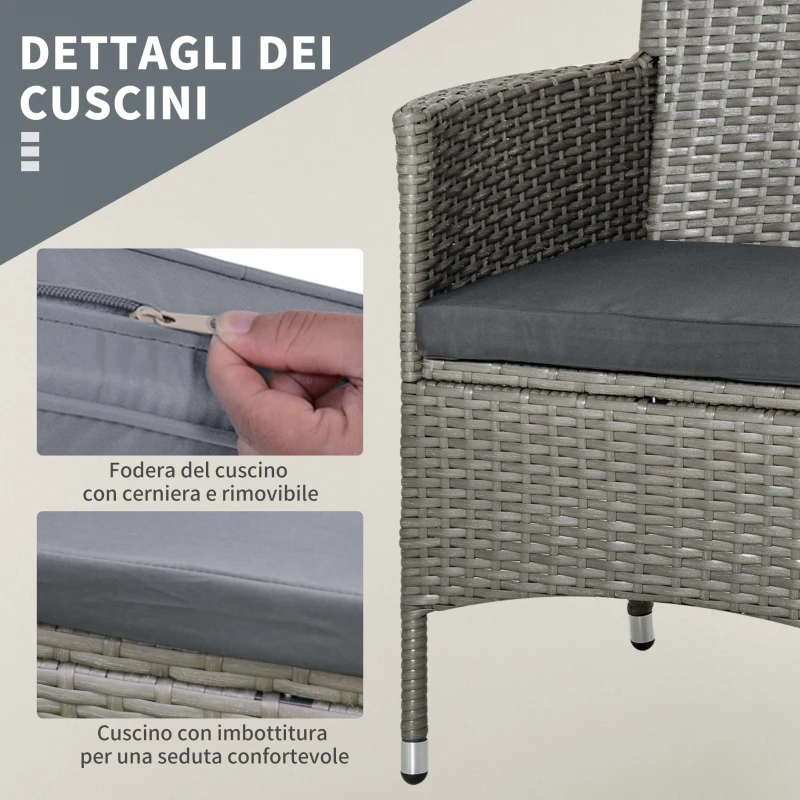 Outsunny Set Giardino Esterno 3 Pezzi in Rattan PE e Acciaio, Set 2 Sedie con Cuscini Lavabili, Braccioli, Tavolino da Caffè con Piano in Vetro, Salotto da Giardino Balcone Patio Cortile, Grigio