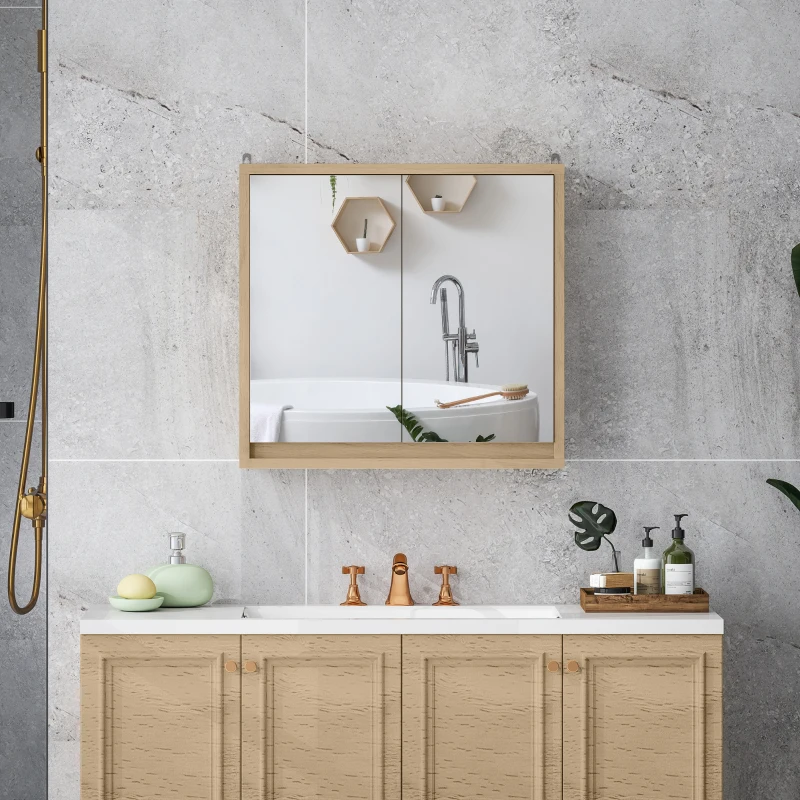 HOMCOM Armario de Baño con Espejo con 2 Puertas y Balda Ajustable Mueble Colgante de Estilo Moderno 48x14,5x45cm Natural(m-8)