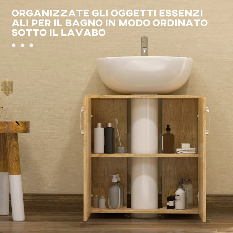 HOMCOM Mobiletto Bagno Sottolavabo Sospeso a 2 Ante con 2 Ripiani in Legno, Colore Naturale