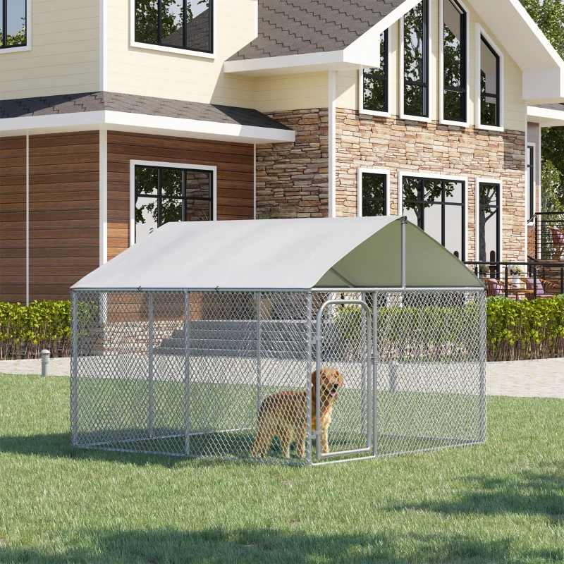 PawHut Chenil extérieur avec toit pour chien 5 m² parc grillagé espace couvert acier galvanisé 230 x 230 x 175 cm