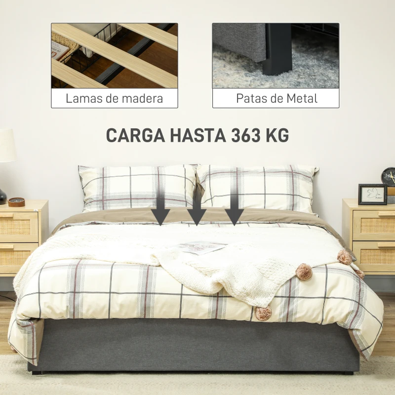 HOMCOM Cama Doble 140x190 cm Somier con 3 Cajones y Estructura de Metal Carga 363 kg Gris