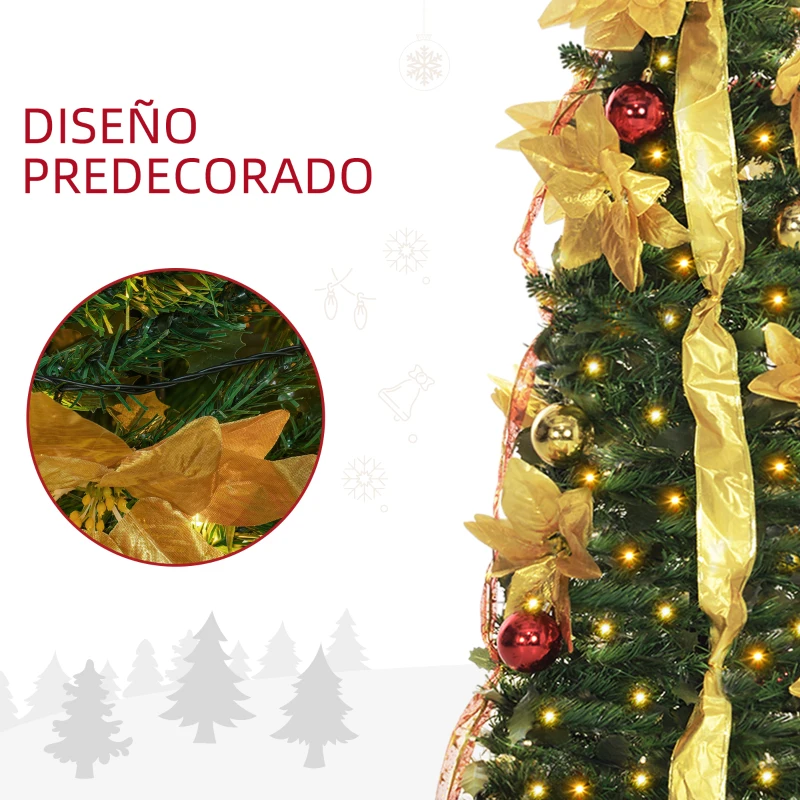 HOMCOM Árbol de Navidad Plegable con Luces LED en Blanco Cálido y Adornos Pre-instalados para Interior Ø50x150 cm Verde