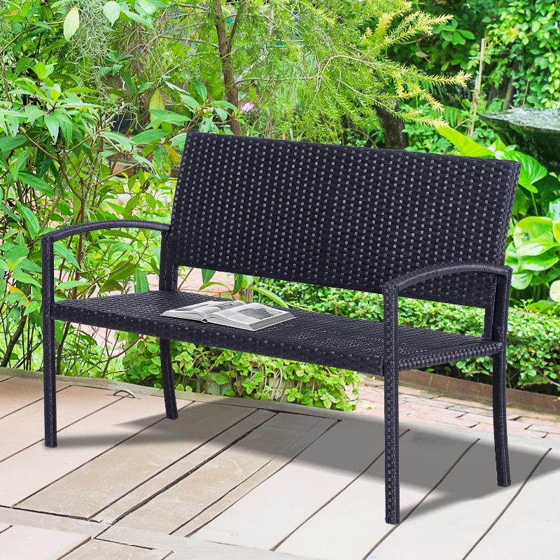 Outsunny Banc de jardin 2 places style cosy chic résine tressée 4 fils imitation rotin noir
