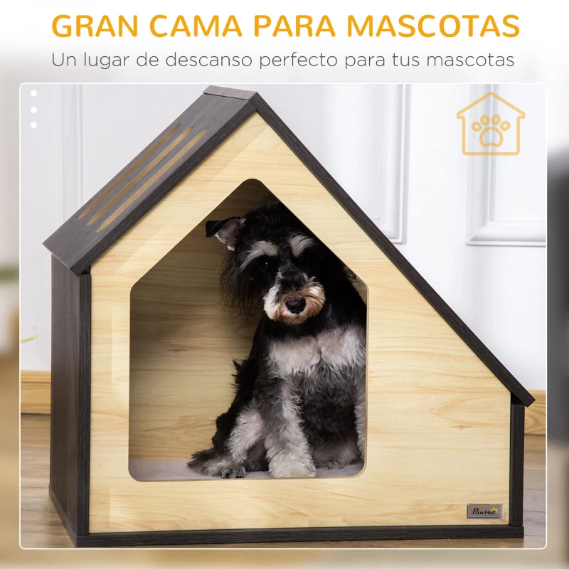PawHut Caseta de Madera para Perros Casa para Perros Cojín Desenfundable Lavable y 3 Ventilaciones 60x40x59,2 cm Roble y Marrón
