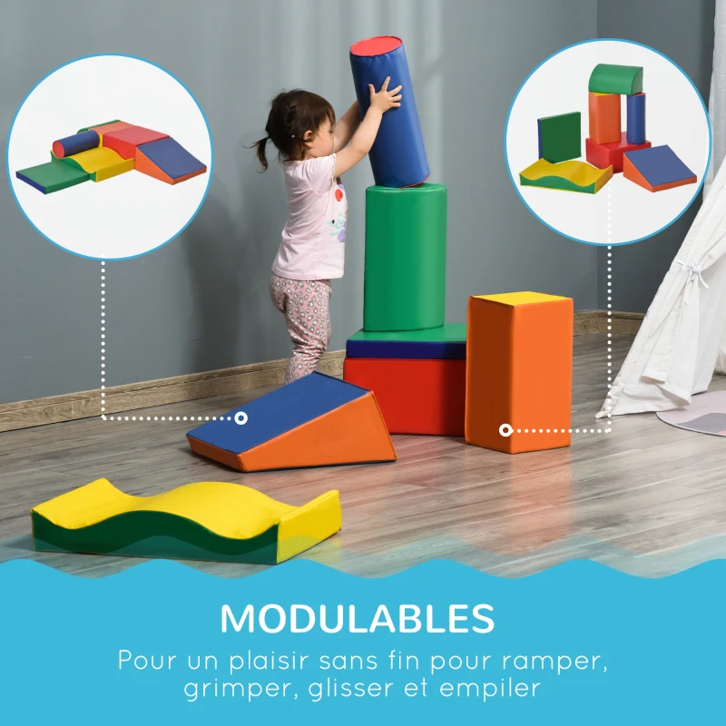 HOMCOM 7PCS Module motricité bébé parcours motricité bébé blocs de construction en mousse EPE avec housse en polyuréthane - jouets éducatifs pour enfants d'âge préscolaire, multicolore(m-5)