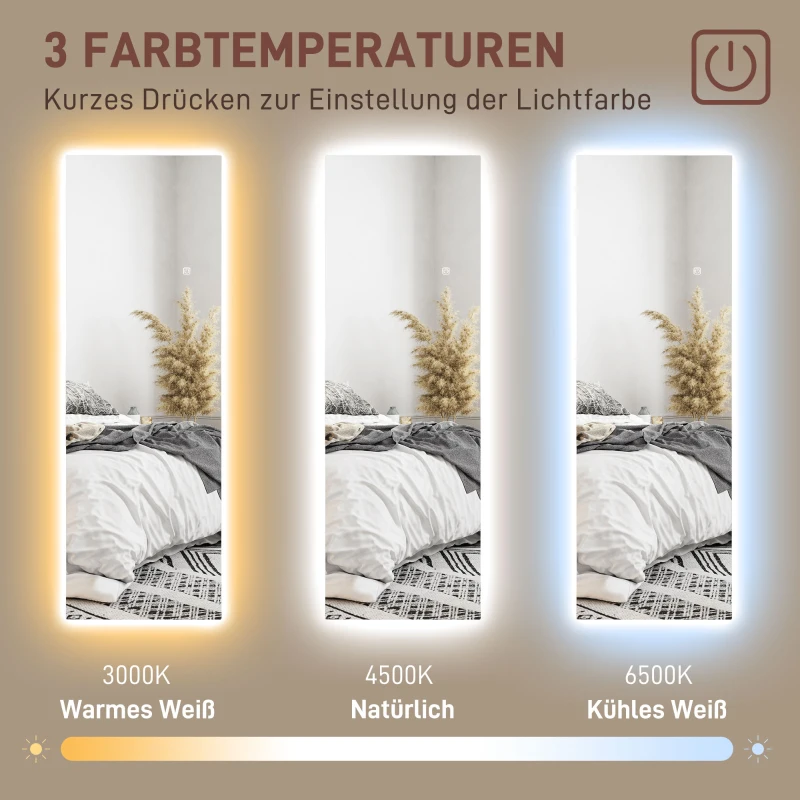 HOMCOM LED Ganzkörperspiegel, dimmbar, rahmenlos, Touch-Steuerung, 40 x 120 cm