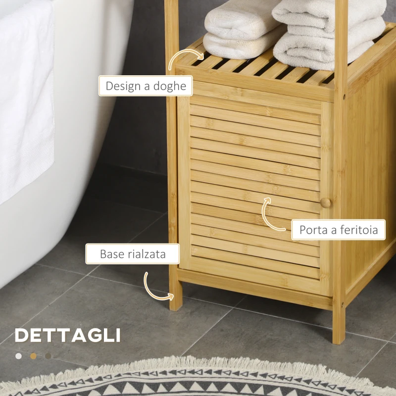kleankin Mobiletto Bagno in Bambù a Doghe con Armadietto a un'Anta, 33x36.5x67cm, Colore Legno Naturale