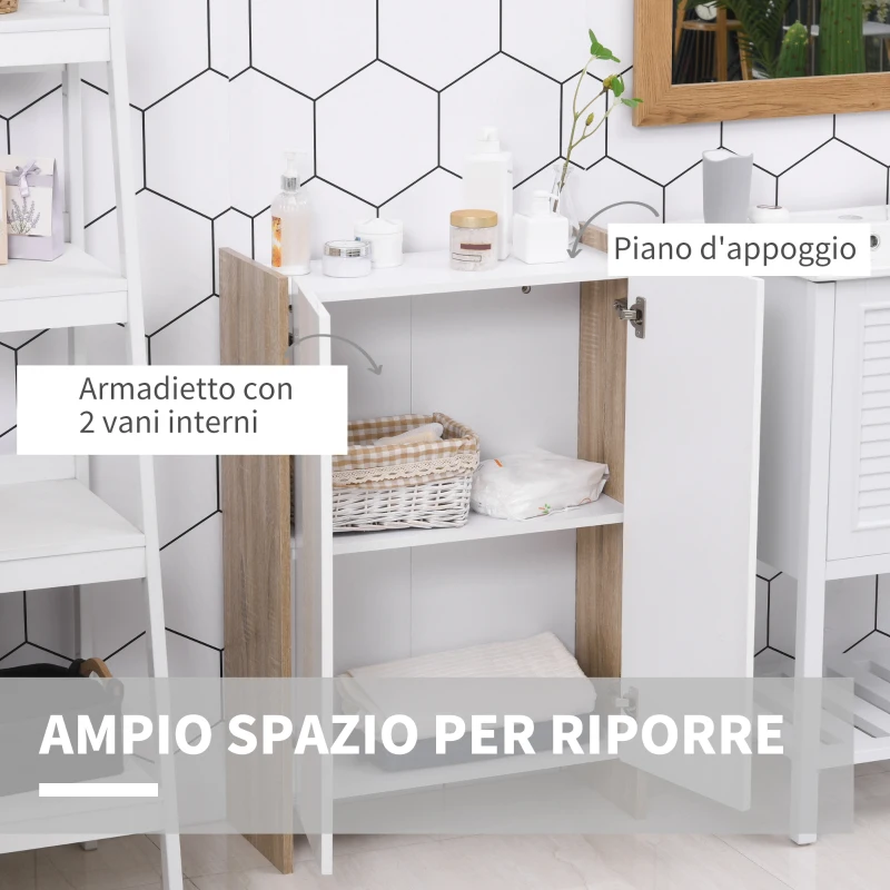HOMCOM Armadietto a Due Ante per Bagno, Mobiletto da Ingresso o Camera in Legno Color Rovere e Bianco, 60 x 25 x 90cm