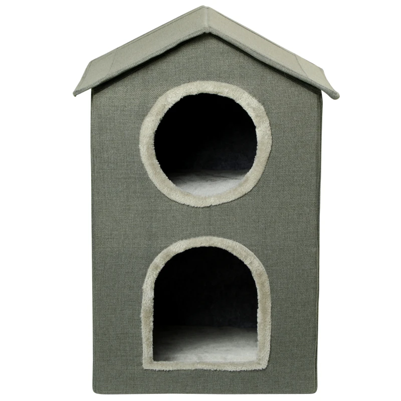 PawHut Casetta per Gatti a Due Livelli con Cuscini Lavabili 3 entrate, 42x46x59.5 cm, Grigio