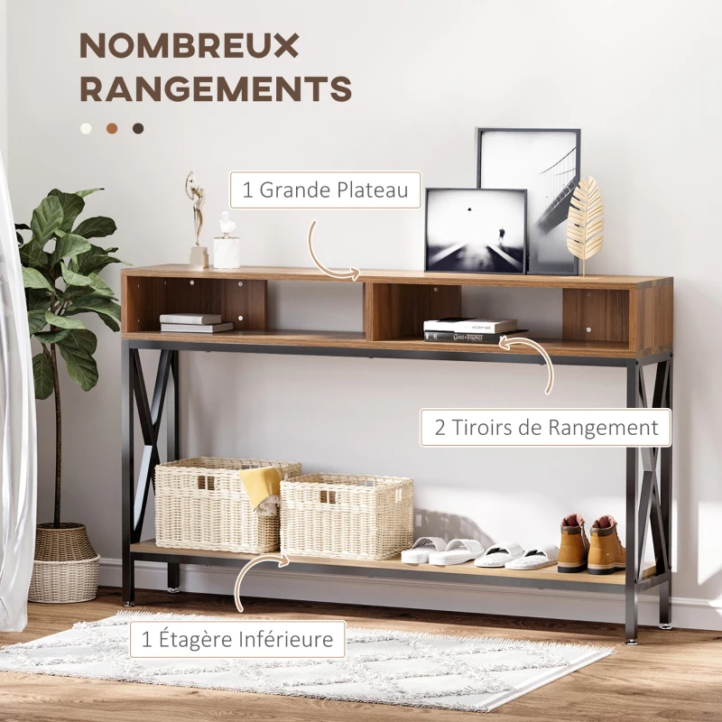 HOMCOM Table Console Table d'Entrée Industriel Multi-rangements 120 x 23,5 x 75 cm Bois Noyer