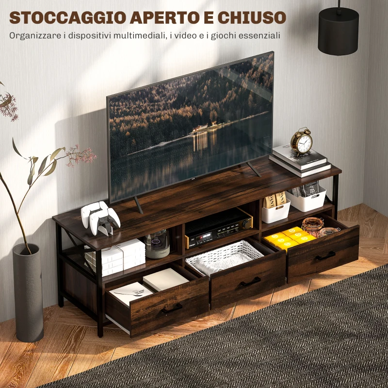 HOMCOM Mobile TV Industriale con 3 Cassetti e 3 Ripiani Aperti, in Legno e Acciaio, 147x40x50 cm, Nero e Marrone