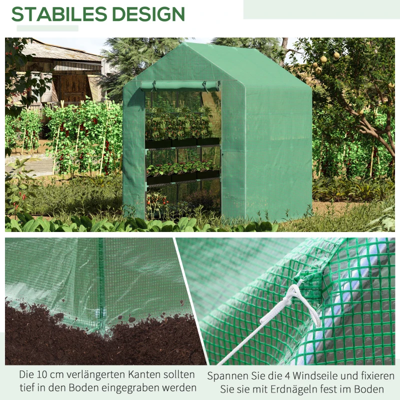 Outsunny Foliengewächshaus Gewächshaus Treibhaus mit Blumenregal Frühbeet Tomatenhaus Pflanzenhaus für Garten, aus Stahlrohl und PE-Gewebe, Grün, 214 x 143 x 195 cm