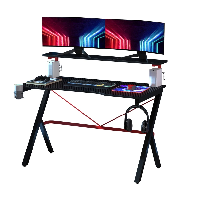 HOMCOM Scrivania da Gaming con Ripiano Monitor, Scrivania per Computer Porta PC con Gancio e Portabicchieri Nera e Rossa, 120x60x97cm