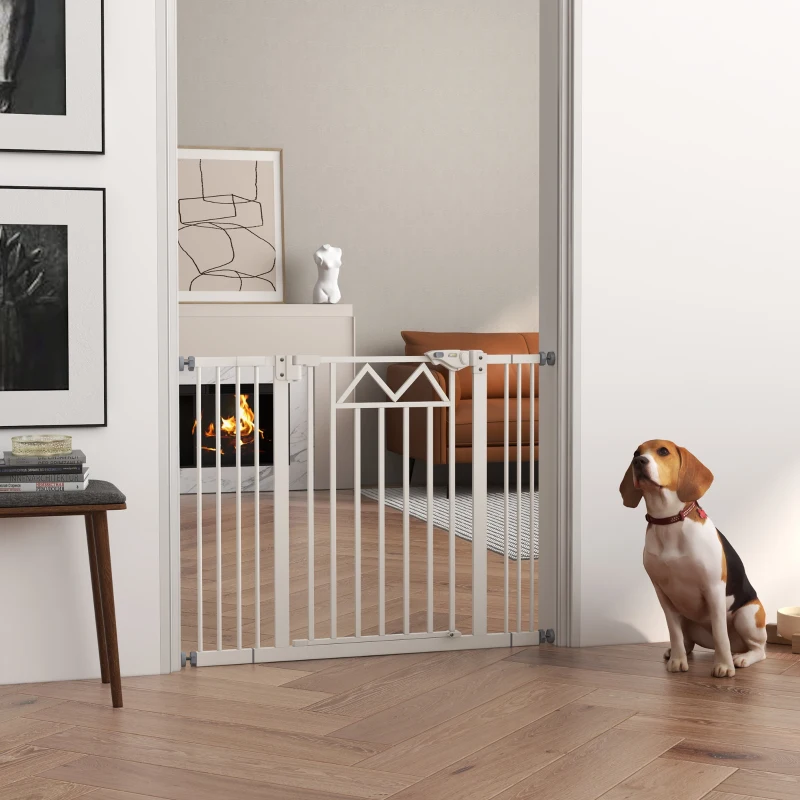 PawHut Cancelletto per Cani taglia Piccola e Media con Chiusura Automatica, in Acciaio e PA, 74-100x76 cm, Bianco