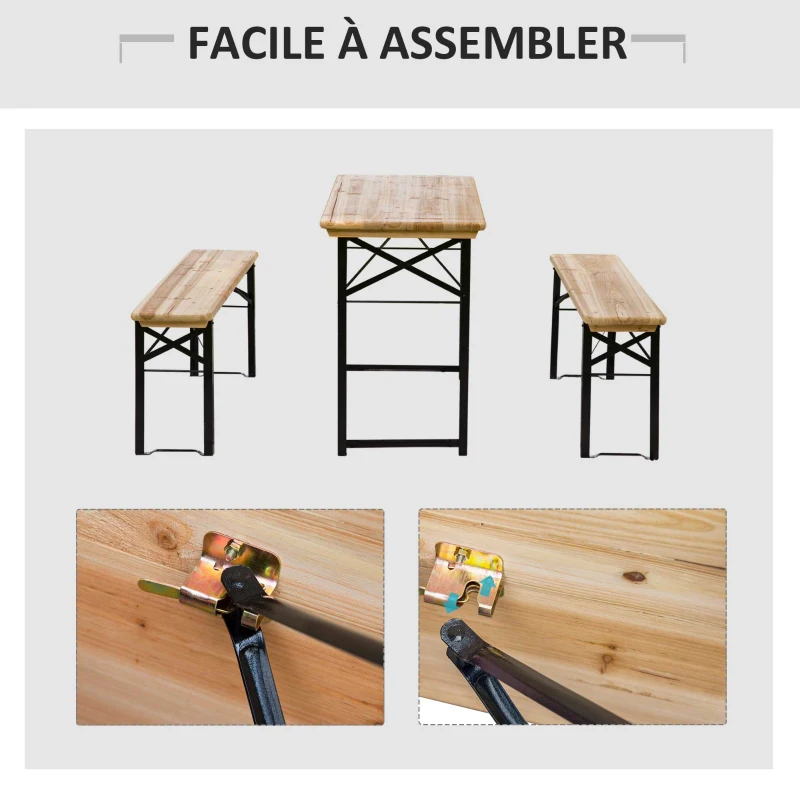 Outsunny Table de Camping Pique-Nique Pliable Portable + 2 bancs Pliables métal époxy Noir Bois Massif Sapin