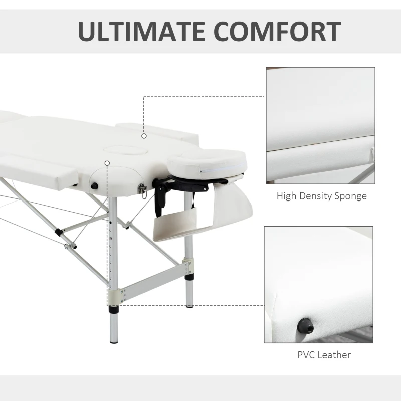 HOMCOM Foldable Massage Bed Portable Table, 3-Section Aluminium Foldable Beauty Couch, Professional Salon Spa Table with Headrest Support and Carry Bag, 81 cm Width, White