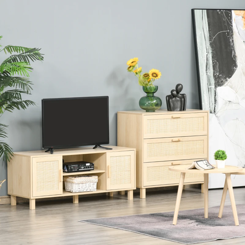 HOMCOM Mobile Porta TV con Vani Aperti e Ante in Rattan, Mobiletto per TV Fino 50", 115x40x48cm, Colore Legno